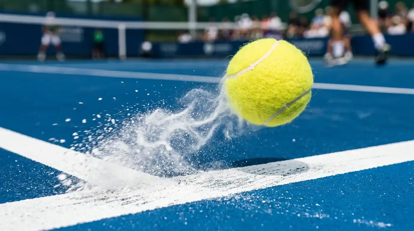 Pelota de tenis amarilla justo tras el impacto del saque contra la línea de fondo