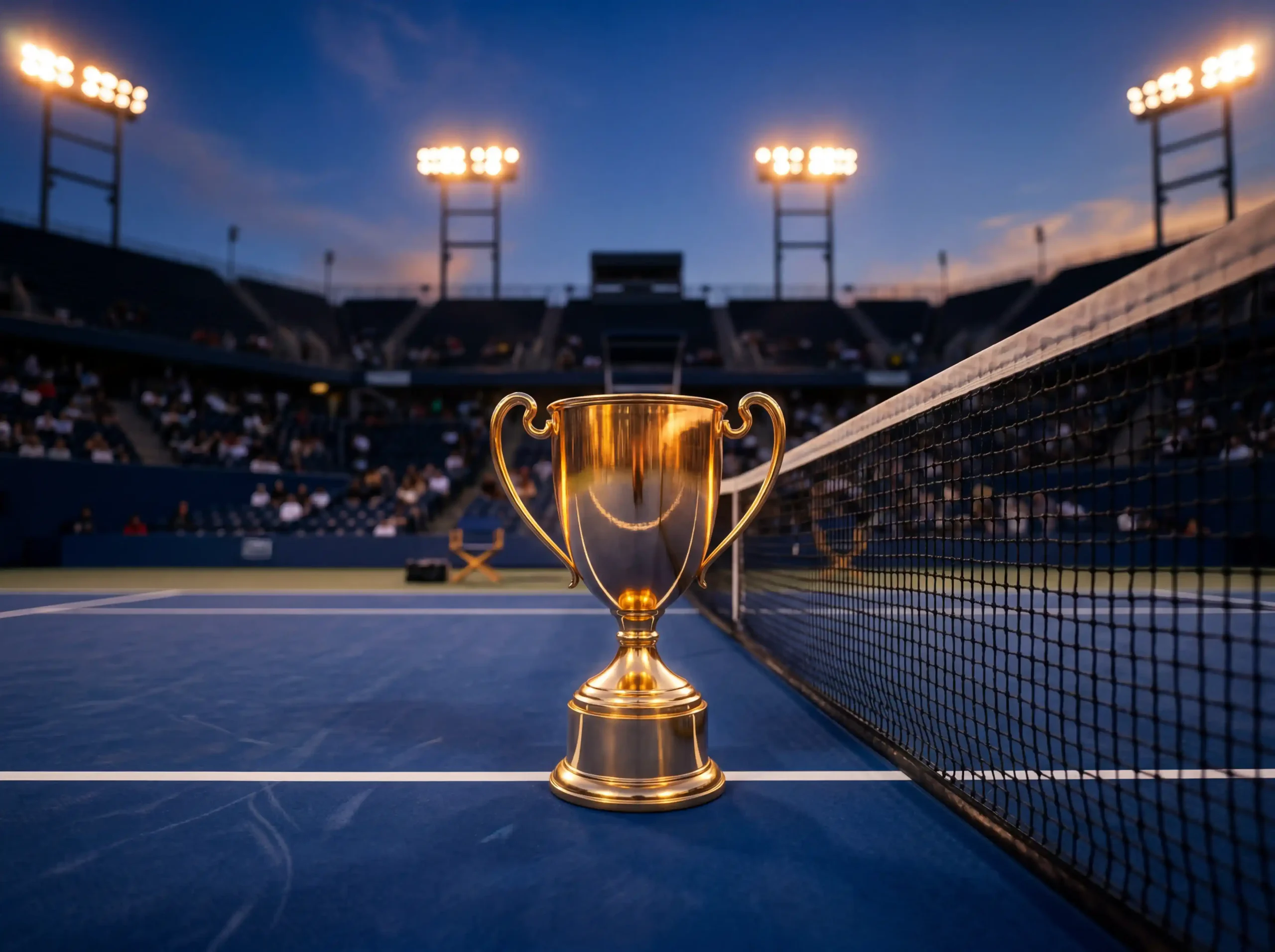 Trofeo dorado de tenis reflejando luces de estadio sobre una pista dura azul