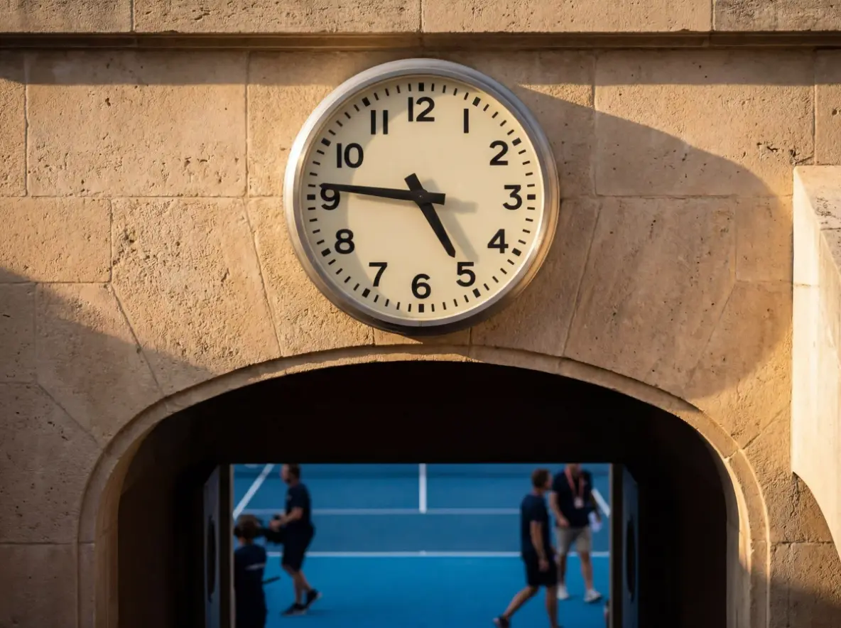 Reloj analógico sobre una pista de tenis dura marcando más de cinco horas