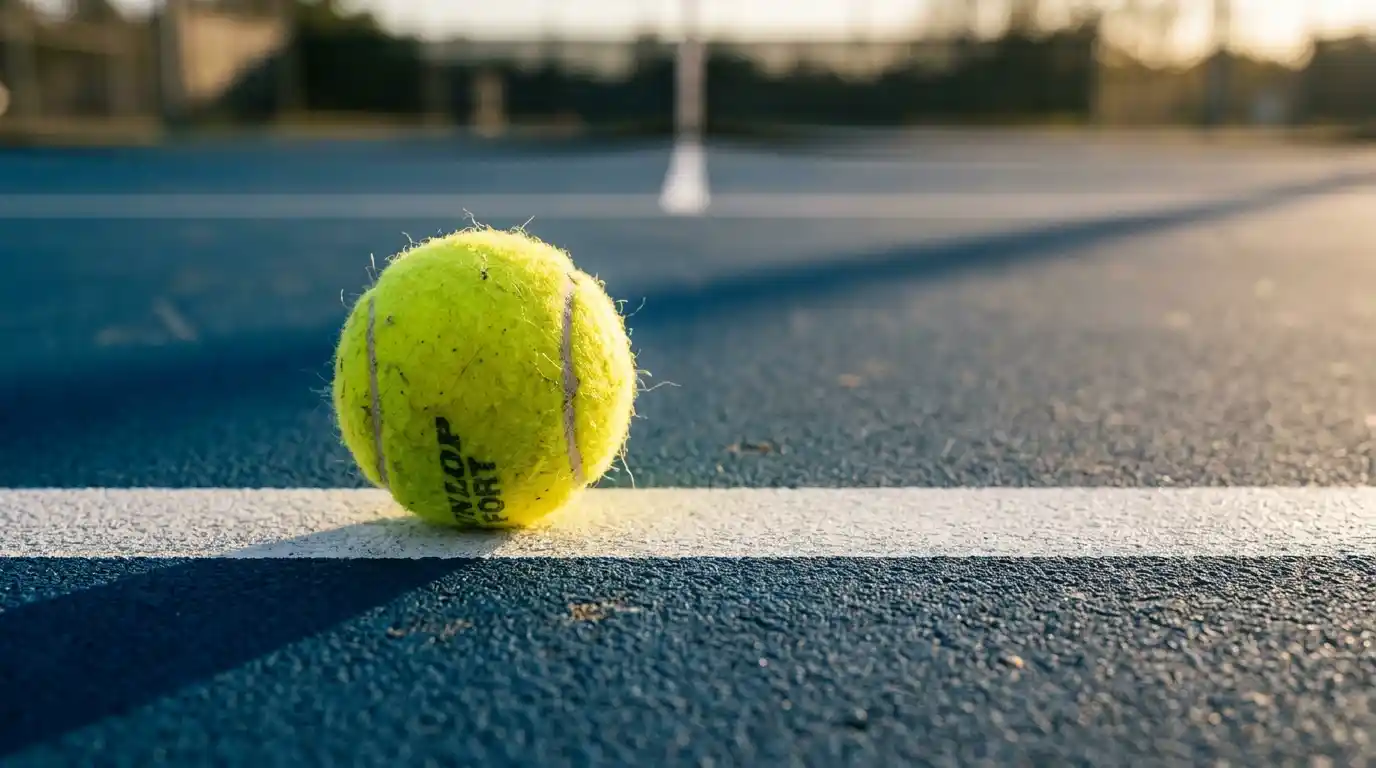 Pelota de tenis amarilla sobre la línea de fondo de una pista dura con sombras alargadas