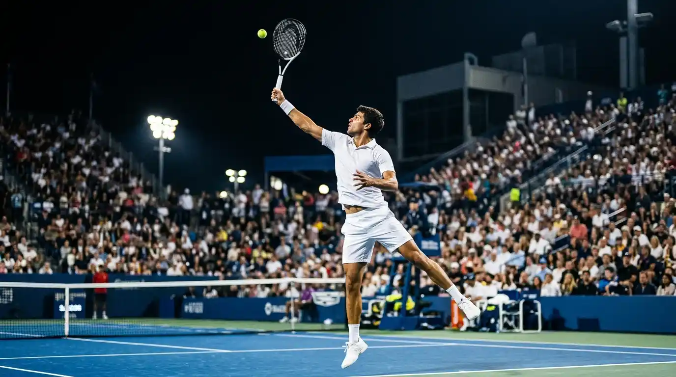 Jugador de tenis profesional sacando en una pista dura azul durante un partido nocturno