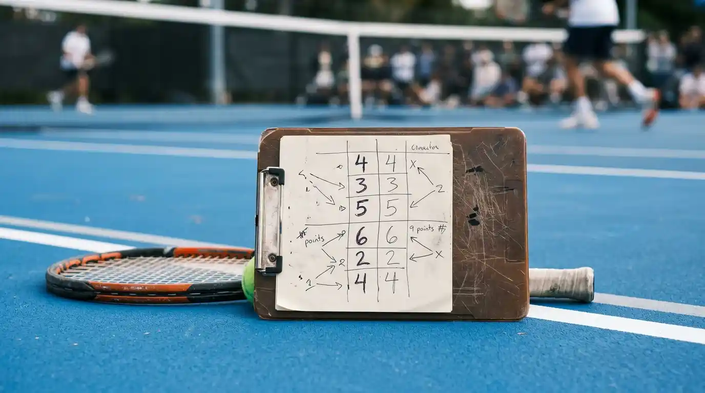 Pizarra táctica con números de juegos anotados junto a una pista de tenis dura