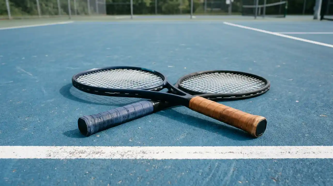 Dos raquetas de tenis cruzadas sobre una pista dura azul, una masculina y otra femenina