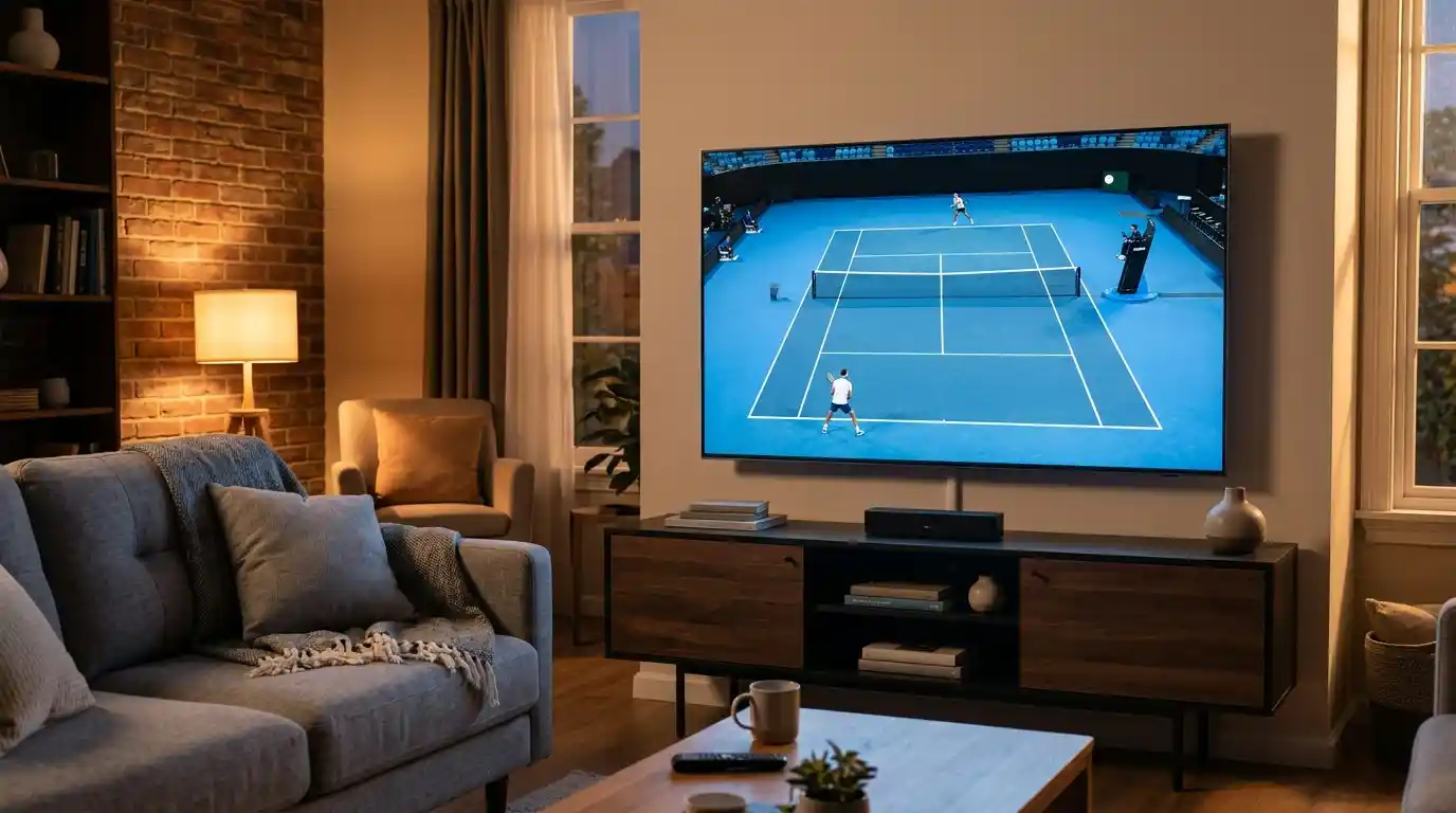 Televisión moderna mostrando un partido de tenis en pista dura azul en una sala