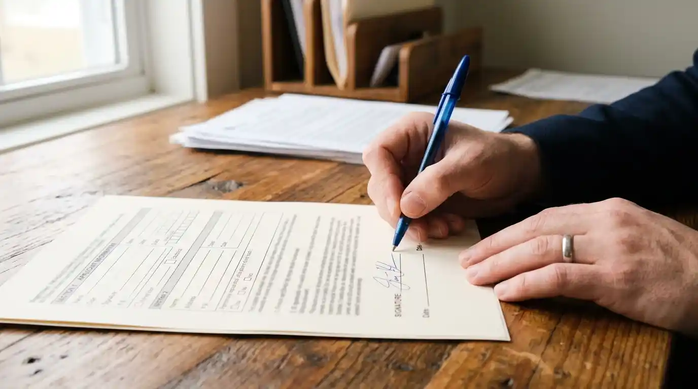Mano firmando un formulario oficial impreso sobre una mesa de escritorio de madera