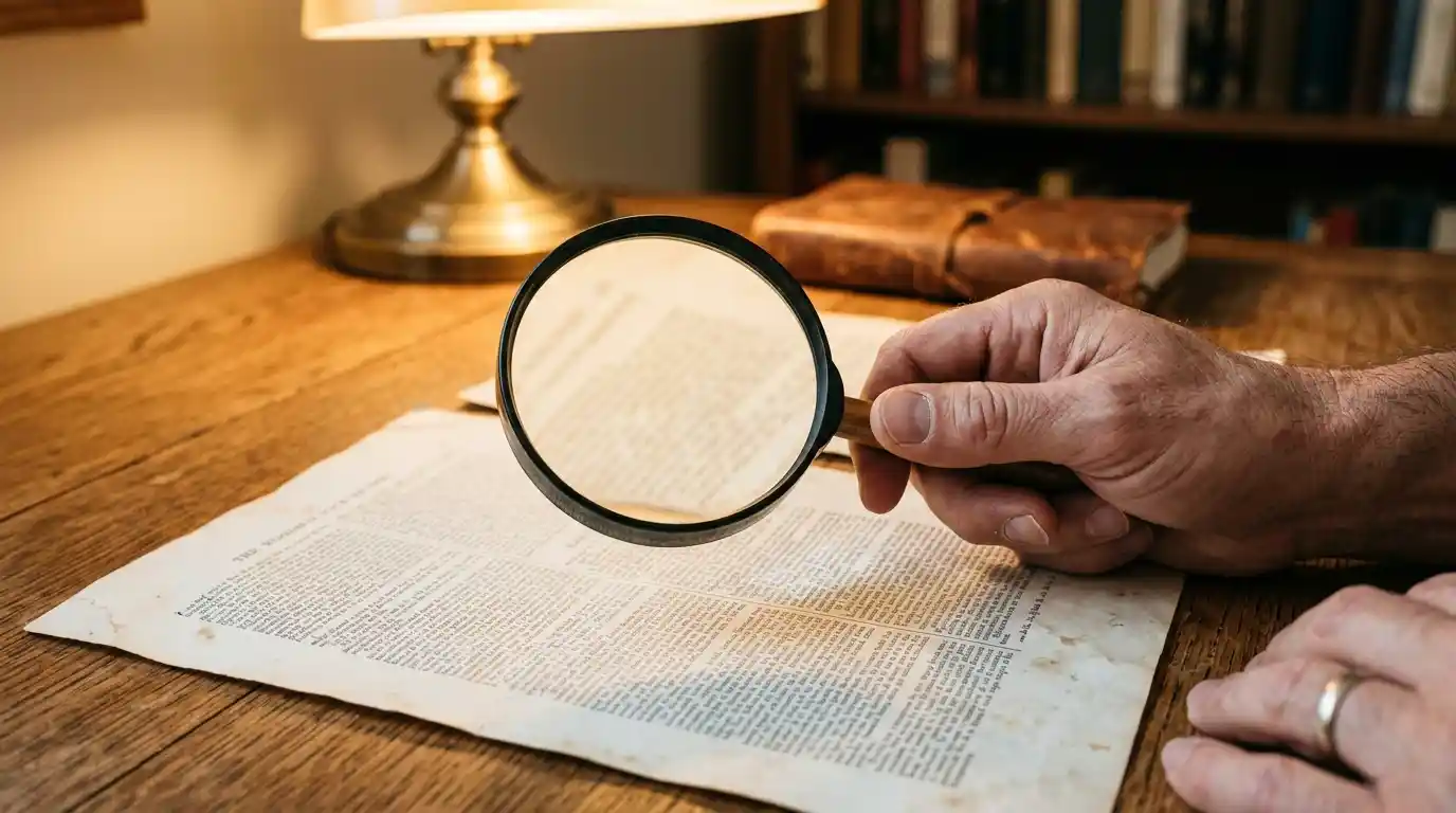 Persona leyendo con lupa las condiciones impresas de un contrato sobre un escritorio