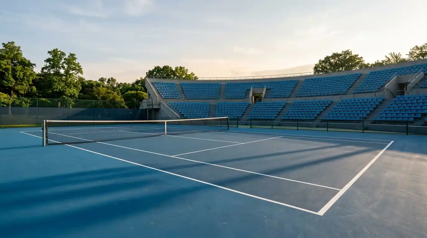 Pista de tenis dura al aire libre con gradas vacías en una mañana soleada