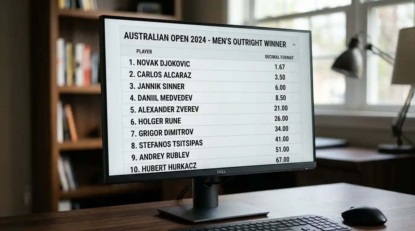 Pantalla de operador con cuotas outright del Open de Australia en pista dura
