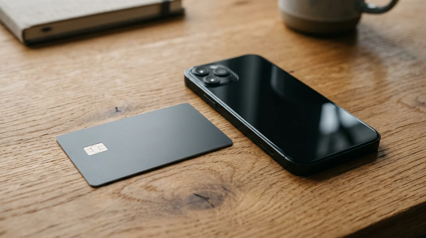 Tarjeta bancaria y smartphone sobre una mesa, representando métodos de pago online