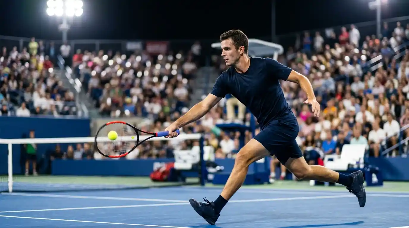 Jugador de tenis masculino ejecutando un resto de saque en pista dura nocturna