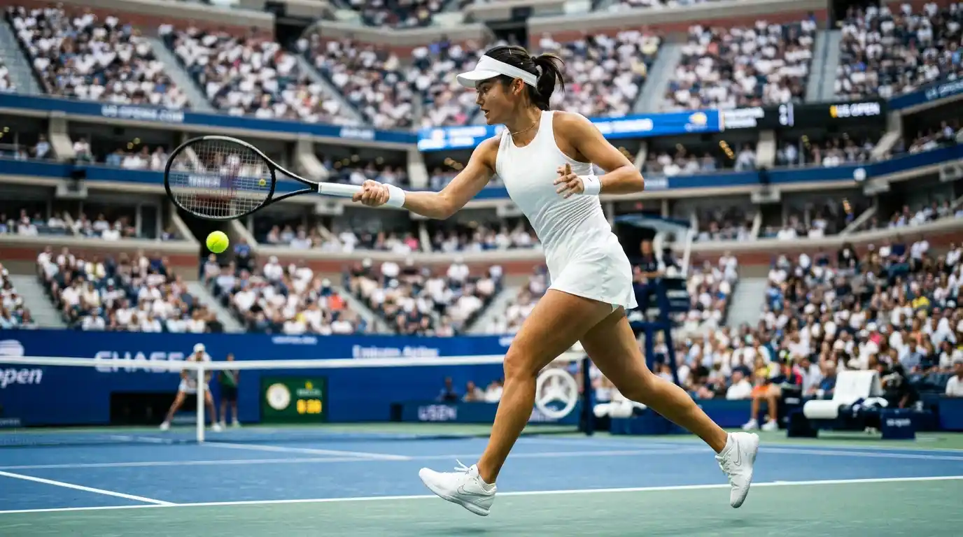 Jugadora profesional de tenis golpeando una derecha con potencia en pista dura azul