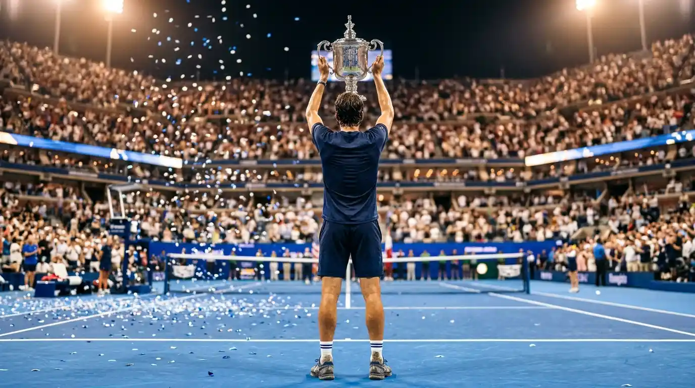 Jugador de tenis alzando el trofeo Norman Brookes Challenge Cup en la final del Abierto de Australia 2026