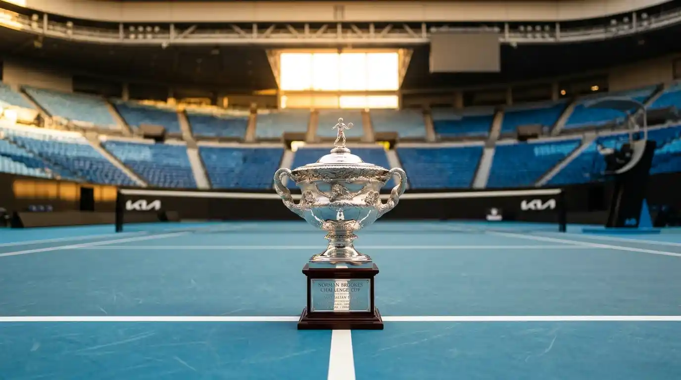 Trofeo de la final del Open de Australia sobre la pista dura de Rod Laver Arena en Melbourne Park