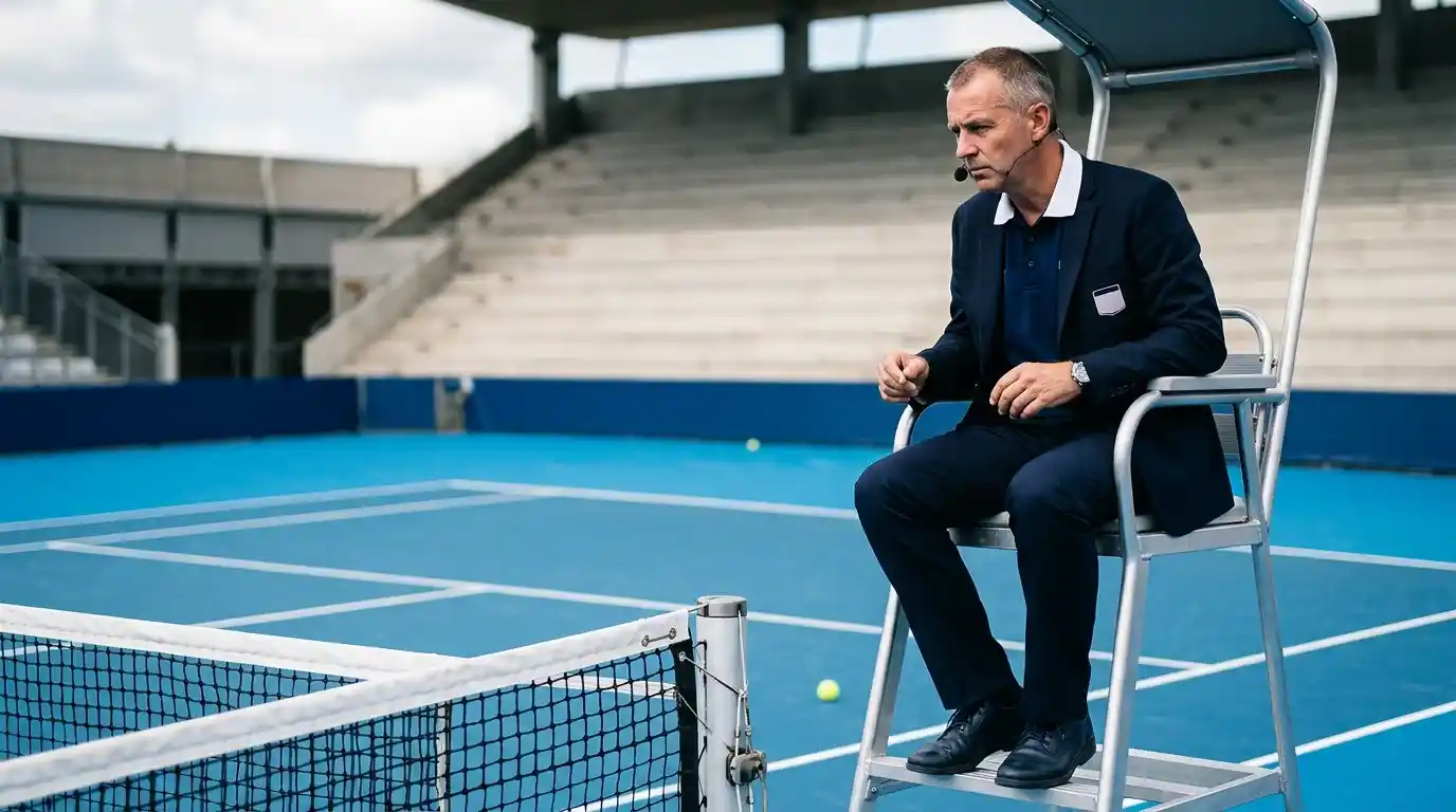 Juez de silla supervisando un partido de tenis en pista dura con red y pelotas en primer plano