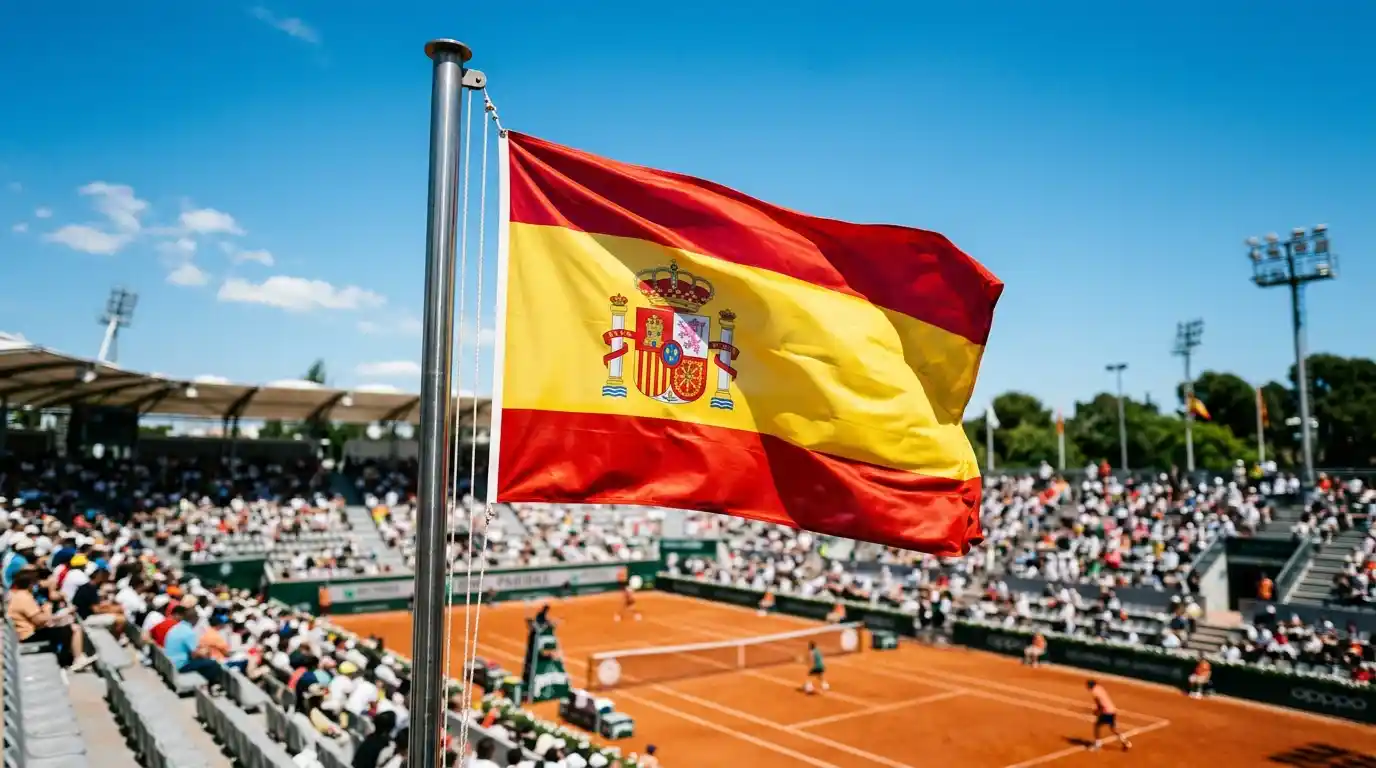 Bandera española ondeando junto a una pista de tenis bajo cielo azul