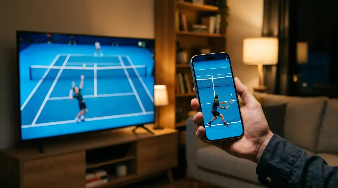 Smartphone y televisión mostrando el mismo partido de tenis con un desfase visible
