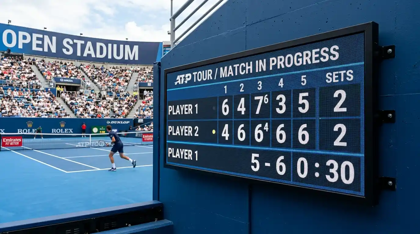 Marcador digital de pista de tenis mostrando los sets de un partido de Grand Slam