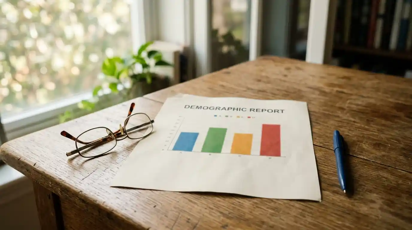 Gráfico impreso con barras demográficas sobre una mesa de escritorio de oficina
