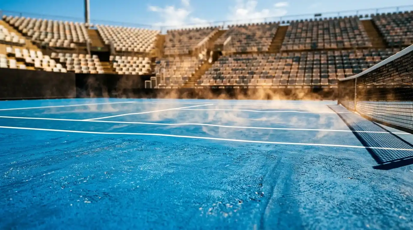 Pista dura azul del Open de Australia bajo sol intenso con termómetro indicando temperatura extrema