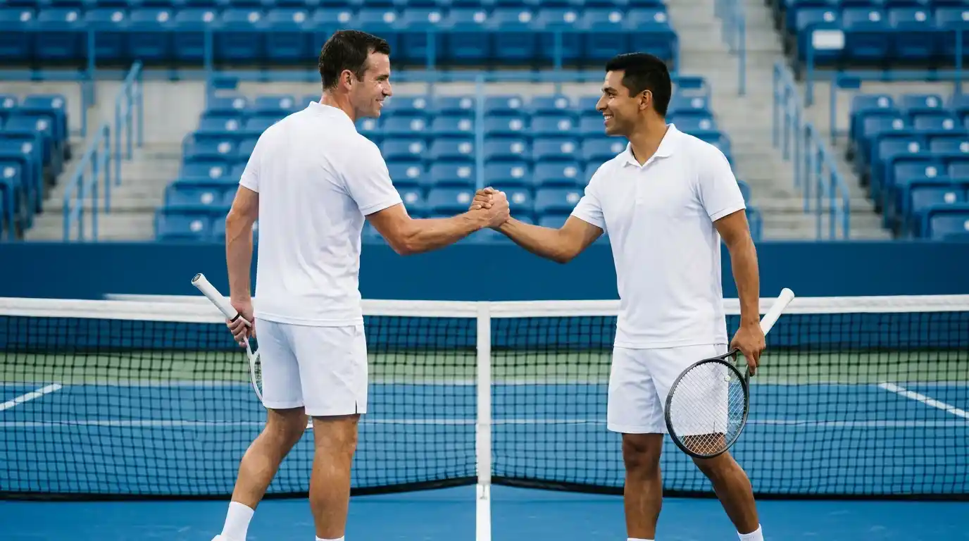 Dos jugadores de tenis saludándose en la red al inicio de un partido de Grand Slam