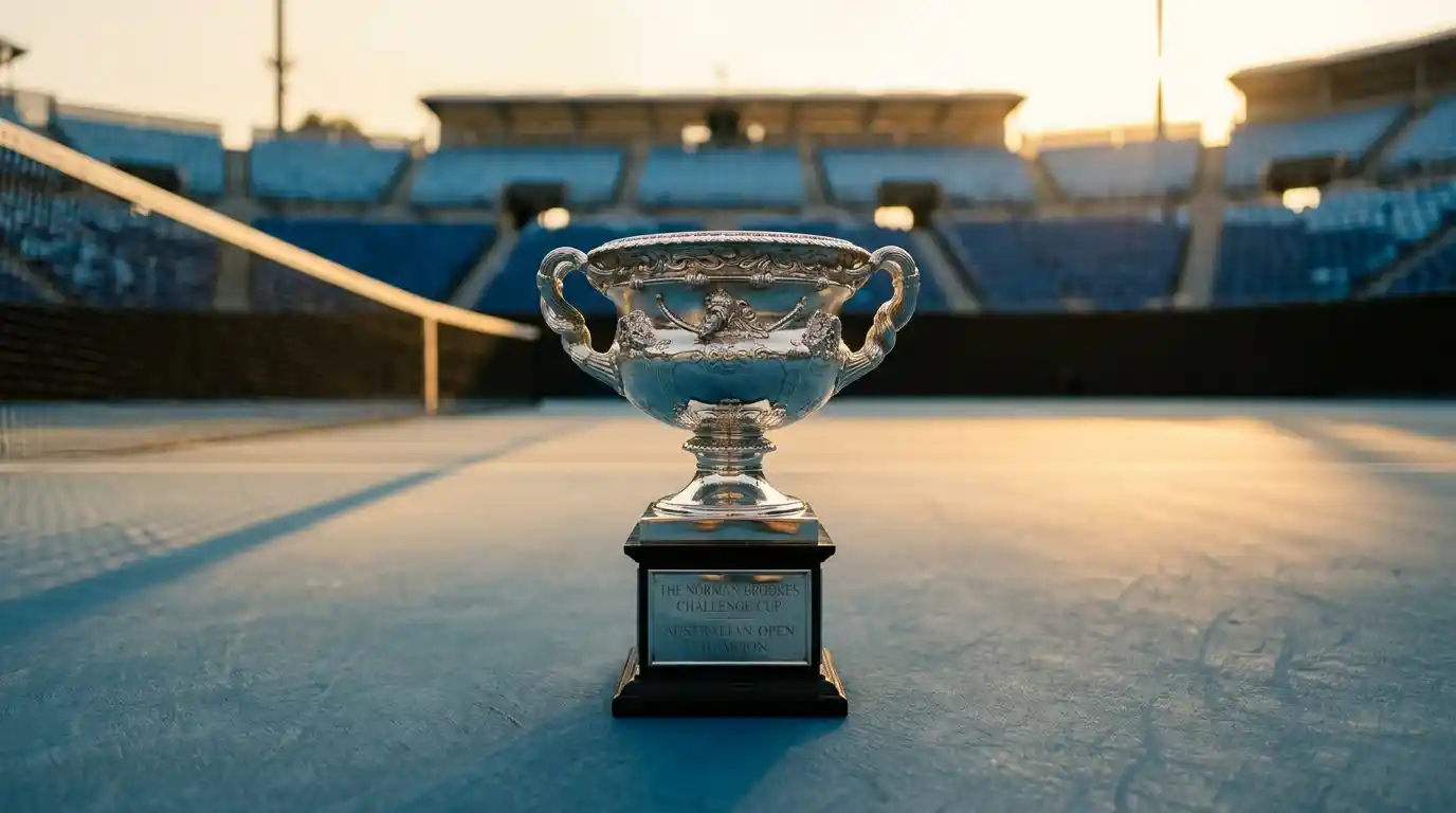 Trofeo Norman Brookes Challenge Cup sobre pista dura azul de Melbourne Park al atardecer