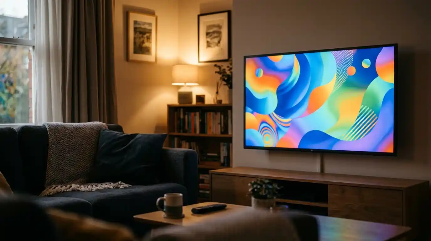 Pantalla de televisión mostrando una pausa publicitaria genérica en un salón nocturno