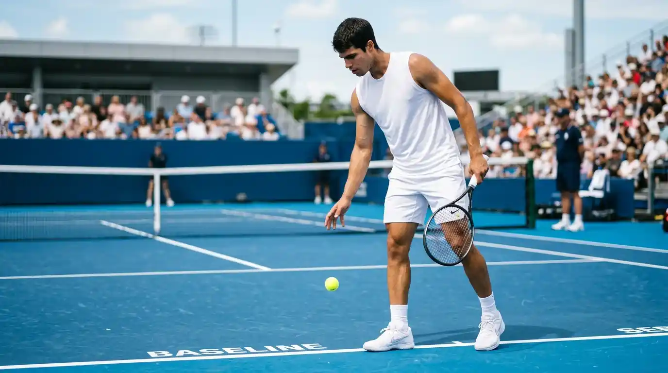 Jugador de tenis profesional concentrado antes de ejecutar un saque en pista dura