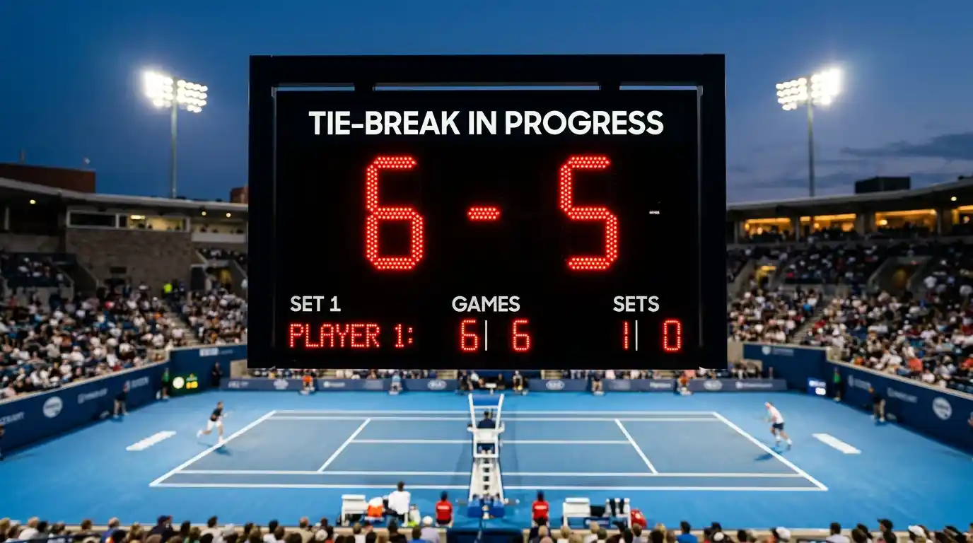 Marcador digital de tenis mostrando un tie-break en progreso con puntuación 6-5