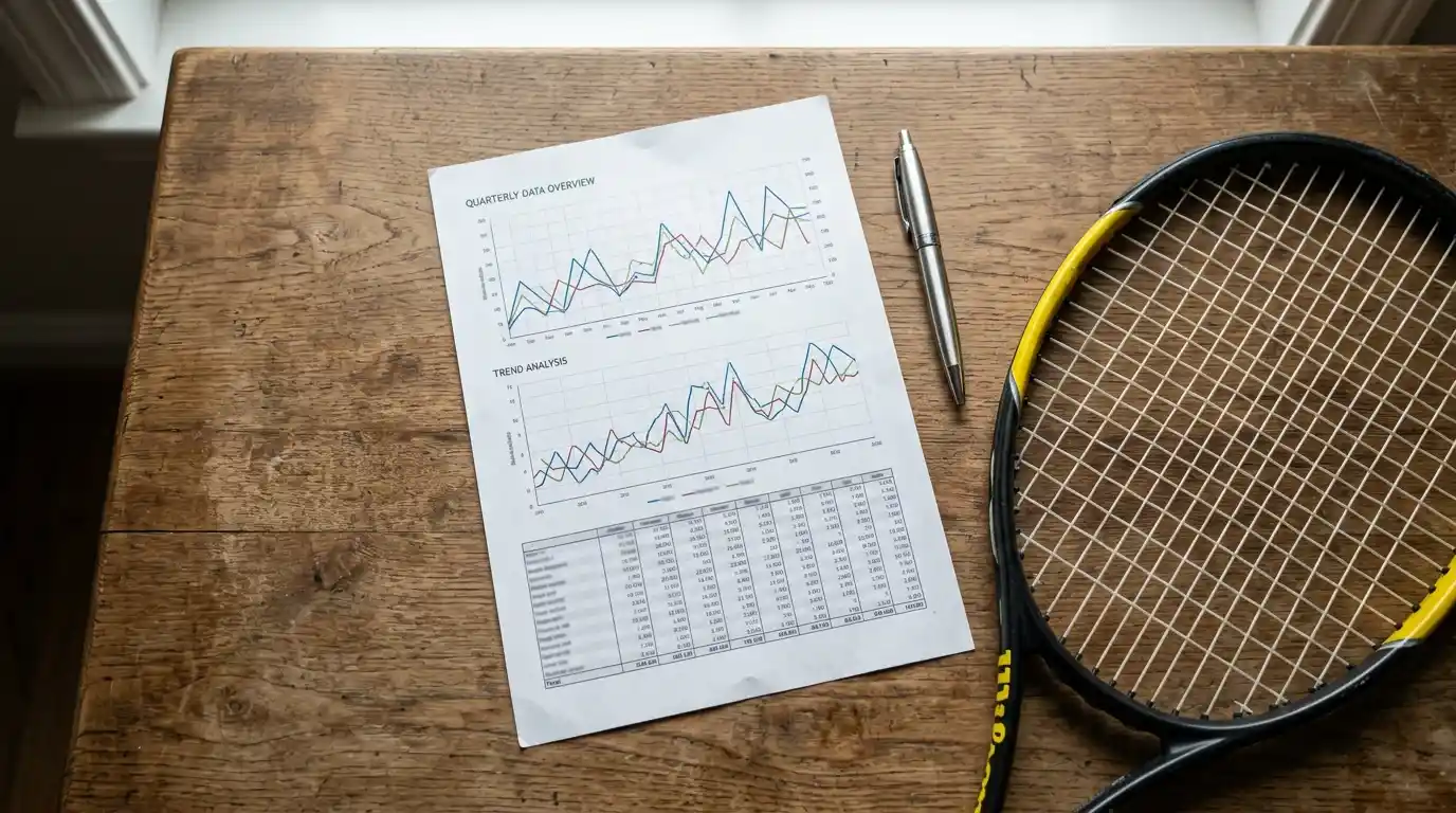 Gráfico de probabilidad impreso en papel junto a una raqueta de tenis y un bolígrafo